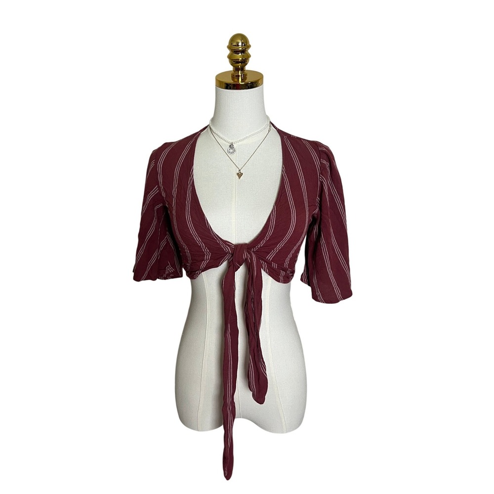 American Eagle Burgundy Striped Tie Front Crop Top Boho Short Sleeve XS
